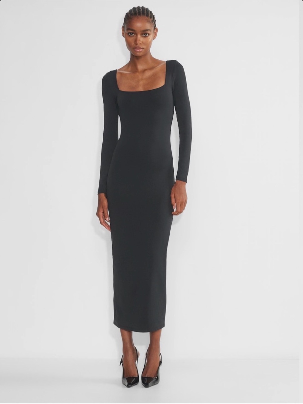 Aritzia Black Long-Sleeve Square Neck Midi Dress